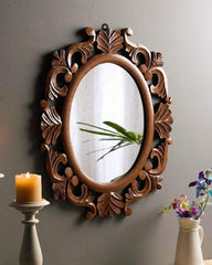 Wood Hand Crafted Oval Shape Vanity Wall Mount Mirror